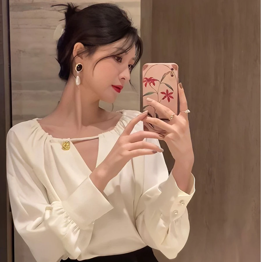 长袖雪纺衫女2024年新款设计感小众早秋法式高级感通勤小衫上衣