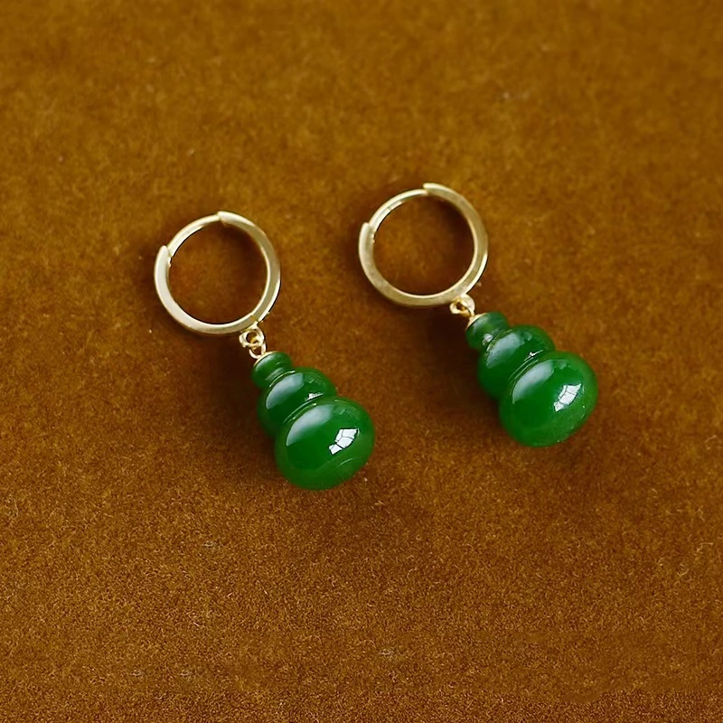 天然和田玉葫芦耳环女款18k金镶嵌新疆碧玉菠菜绿耳扣简约时尚