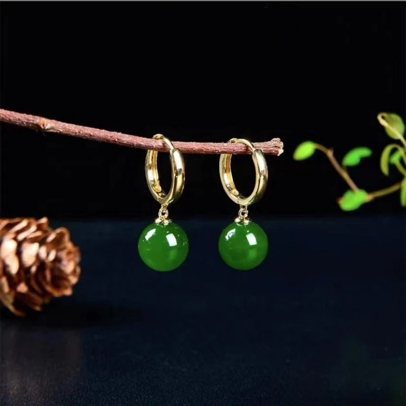 18K金镶嵌天然和田碧玉菠菜绿圆珠耳扣耳圈耳包气质百搭2025新款