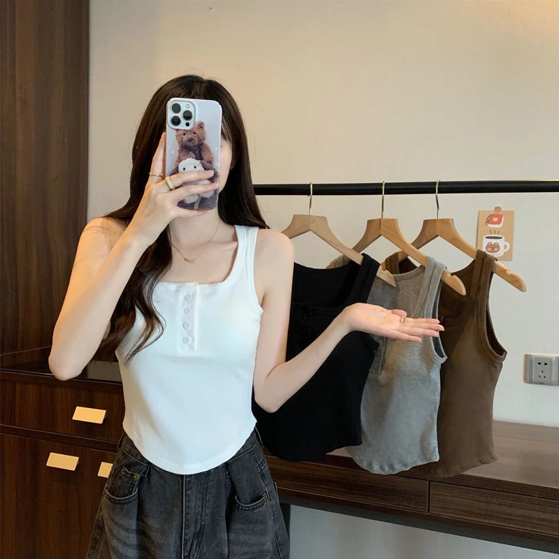 韩版百搭纽扣背心女带胸垫外穿内搭修身打底无袖上衣潮白色性感