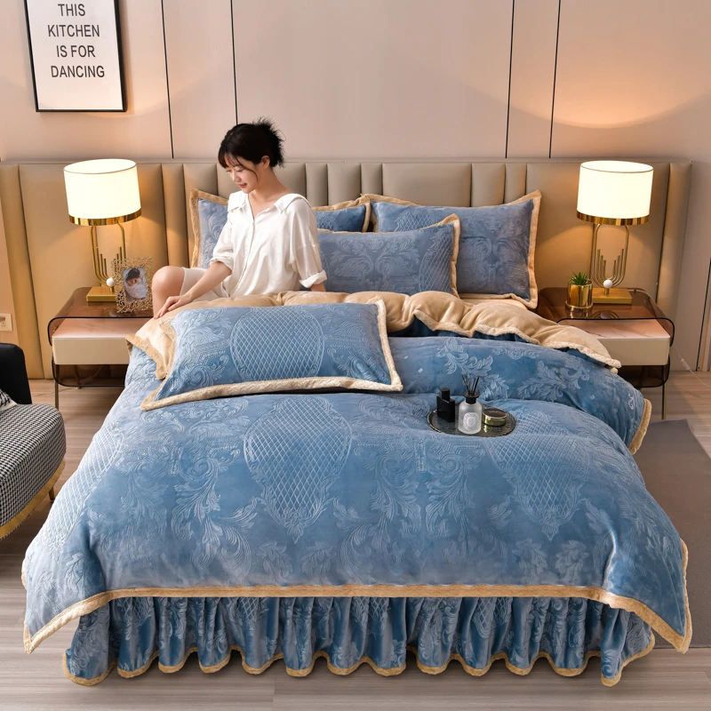 秋冬网红新款A类轻奢加厚纯色雕花绒牛奶绒四件套加绒保暖双面绒1