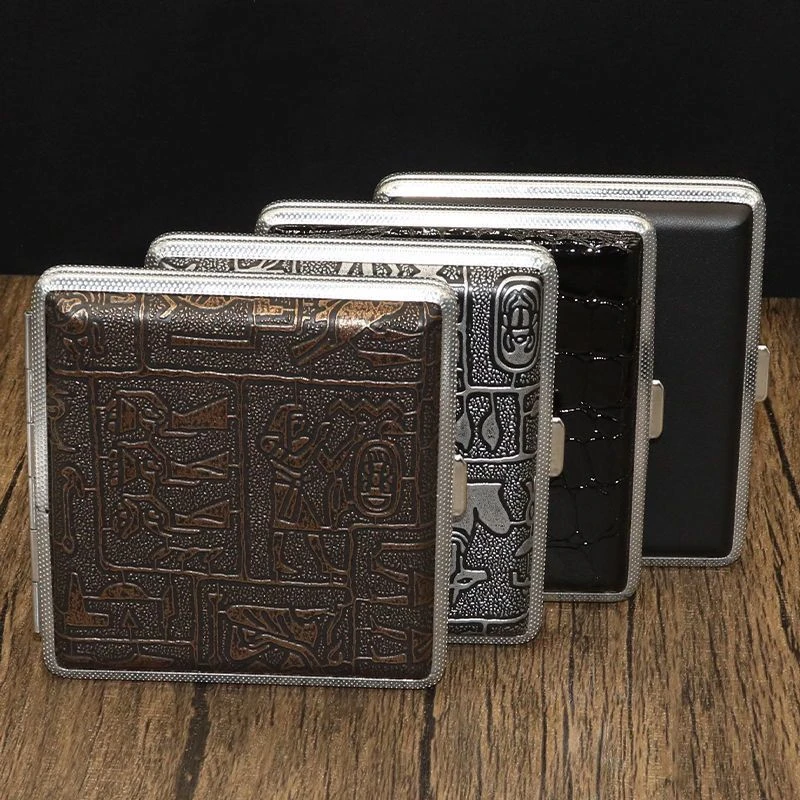 超薄烟盒20支装黑色印花皮质抗压防潮烟夹翻盖金属花纹烟盒男士