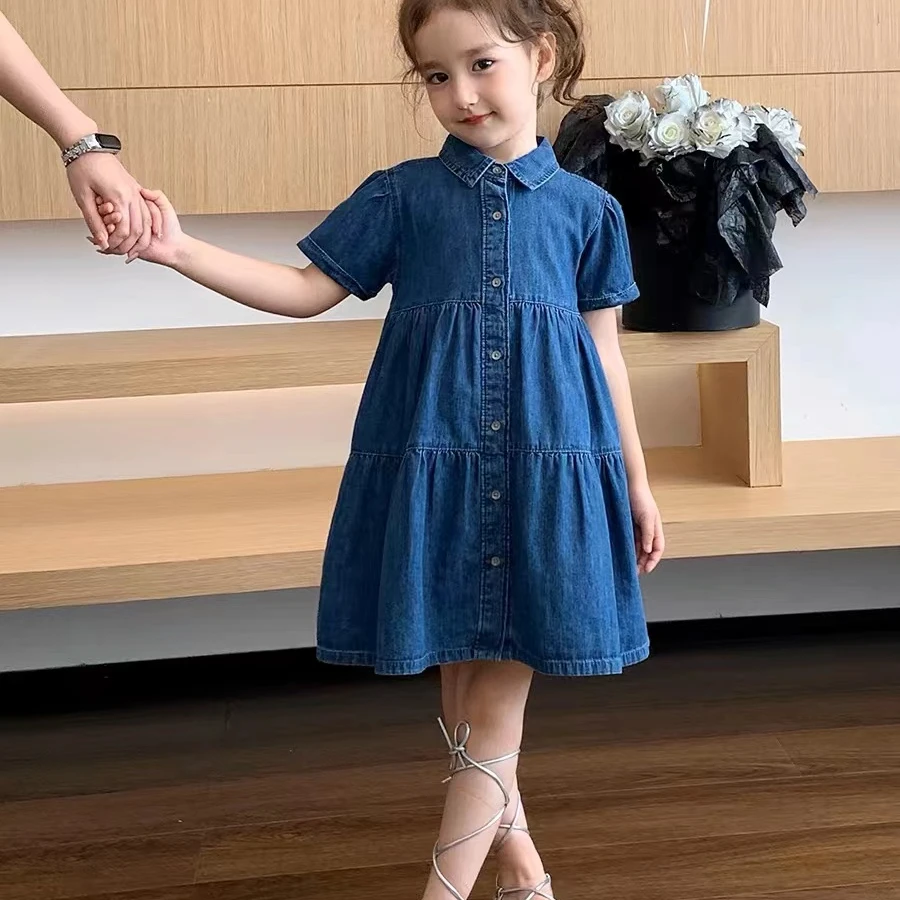 夏季薄款儿童牛仔裙女童洋气休闲女孩纯色韩版时尚复古百褶