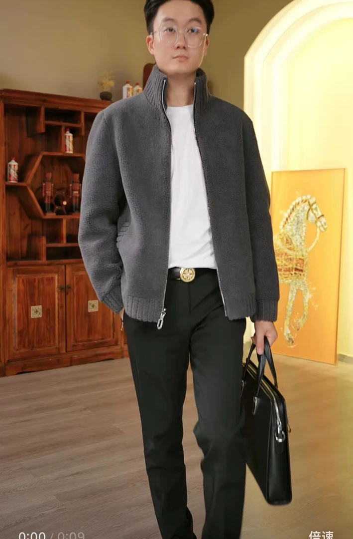 【贝慈精选】男士两面穿绵羊毛百搭修身时尚潮流冬季立翻领2316