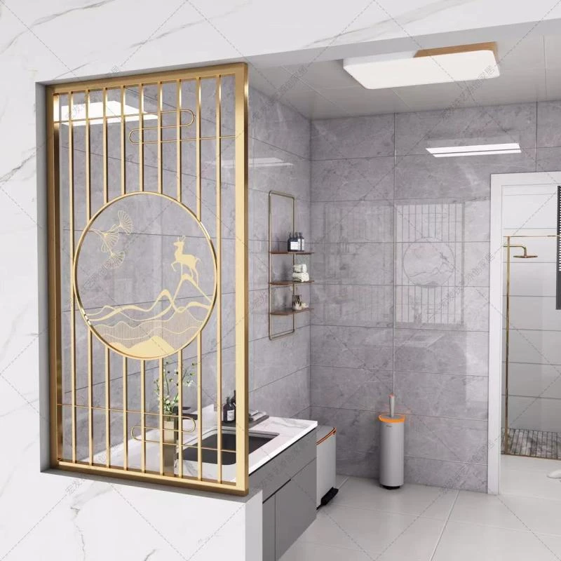 北欧轻奢屏风隔断简约创意入户玄关铁艺雕花客餐厅置物架镂空墙