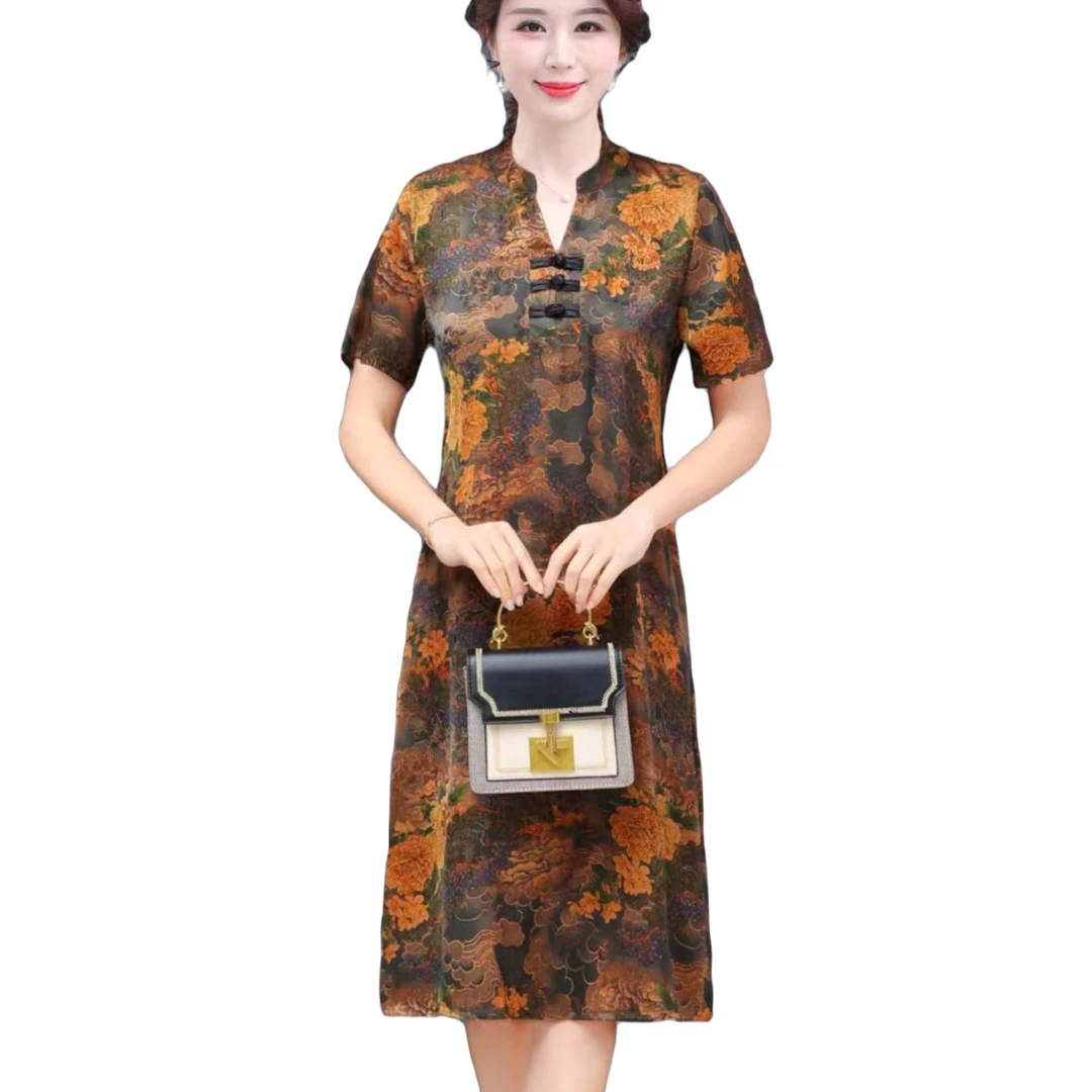 9669气质妈妈连衣裙夏季v领短袖印花大码旗袍裙中年显瘦遮肉裙子