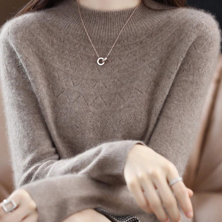 臻选秋冬新款纯澳毛一线成衣半高领镂空套头针织衫