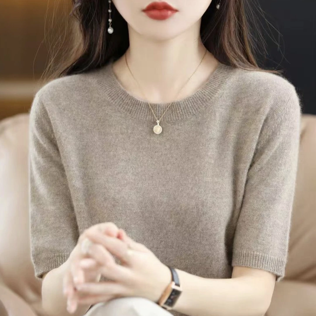 新薄款圆领短袖纯色气质百搭针织打底衫