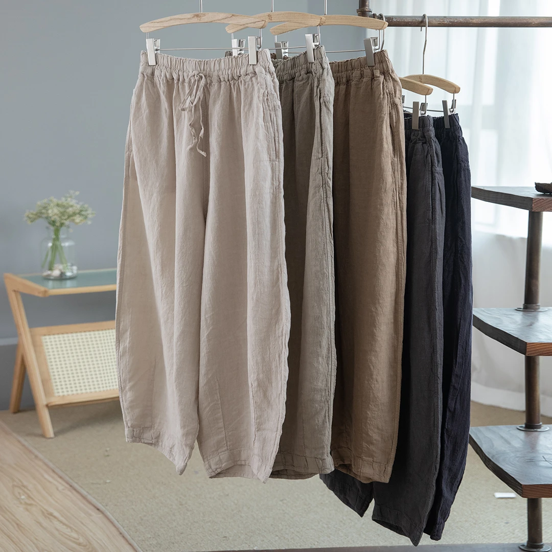 猫迷森林日系文艺百搭亚麻休闲裤宽松松紧腰显瘦束脚阔腿裤3418-2