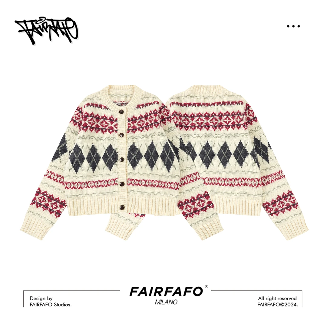 FAIRFAFO林肉肉【复古菱格毛衣开衫】HL24MY180毛衣针织衫小香风