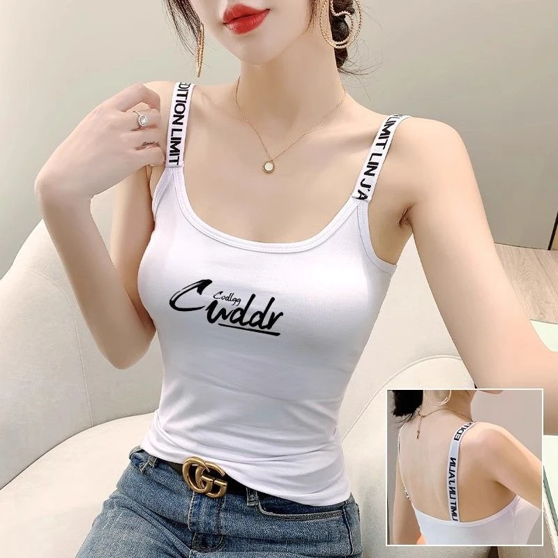 2025新款网红设计白色韩版无袖美背上衣修身短款打底外穿字母吊带