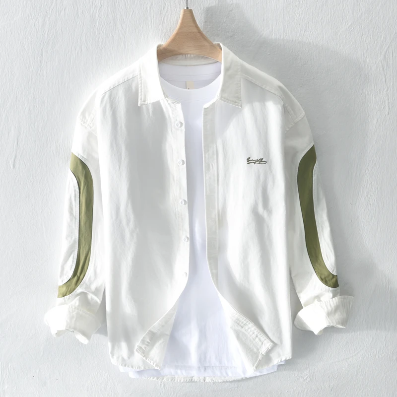 MR.MUDI/穆迪先生撞色拼接刺绣衬衫男装秋季长袖纯棉帅气衬衣外套