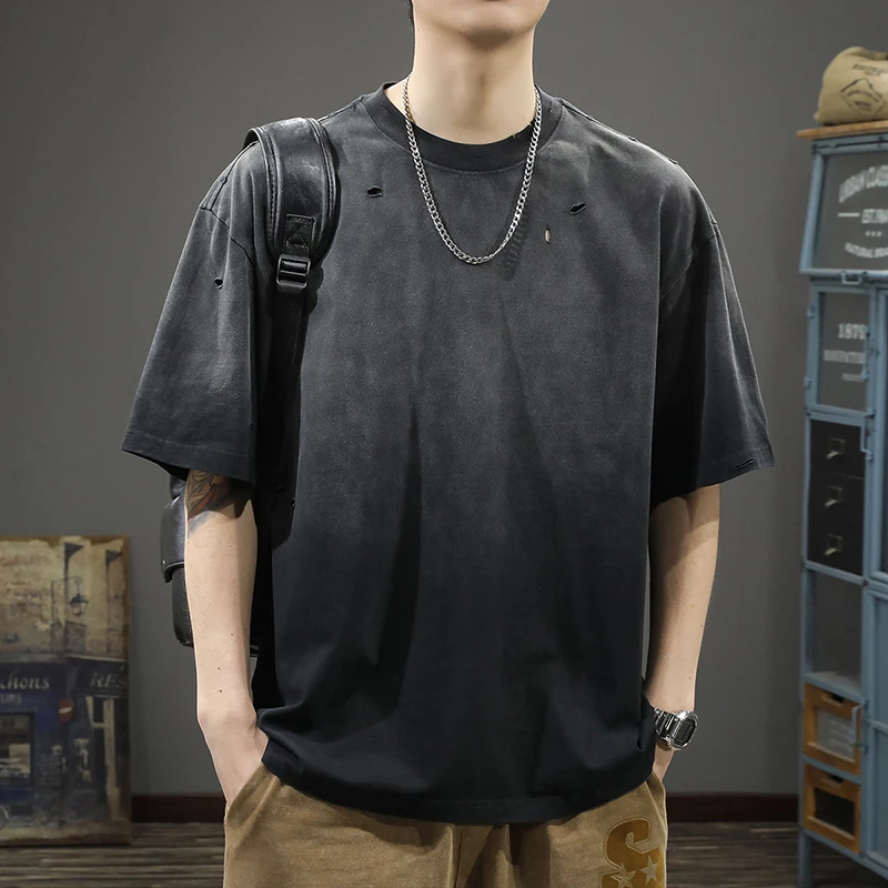 MR.MUDI/穆迪先生夏季复古渐变水洗ins短袖t恤男重磅纯棉宽松圆领