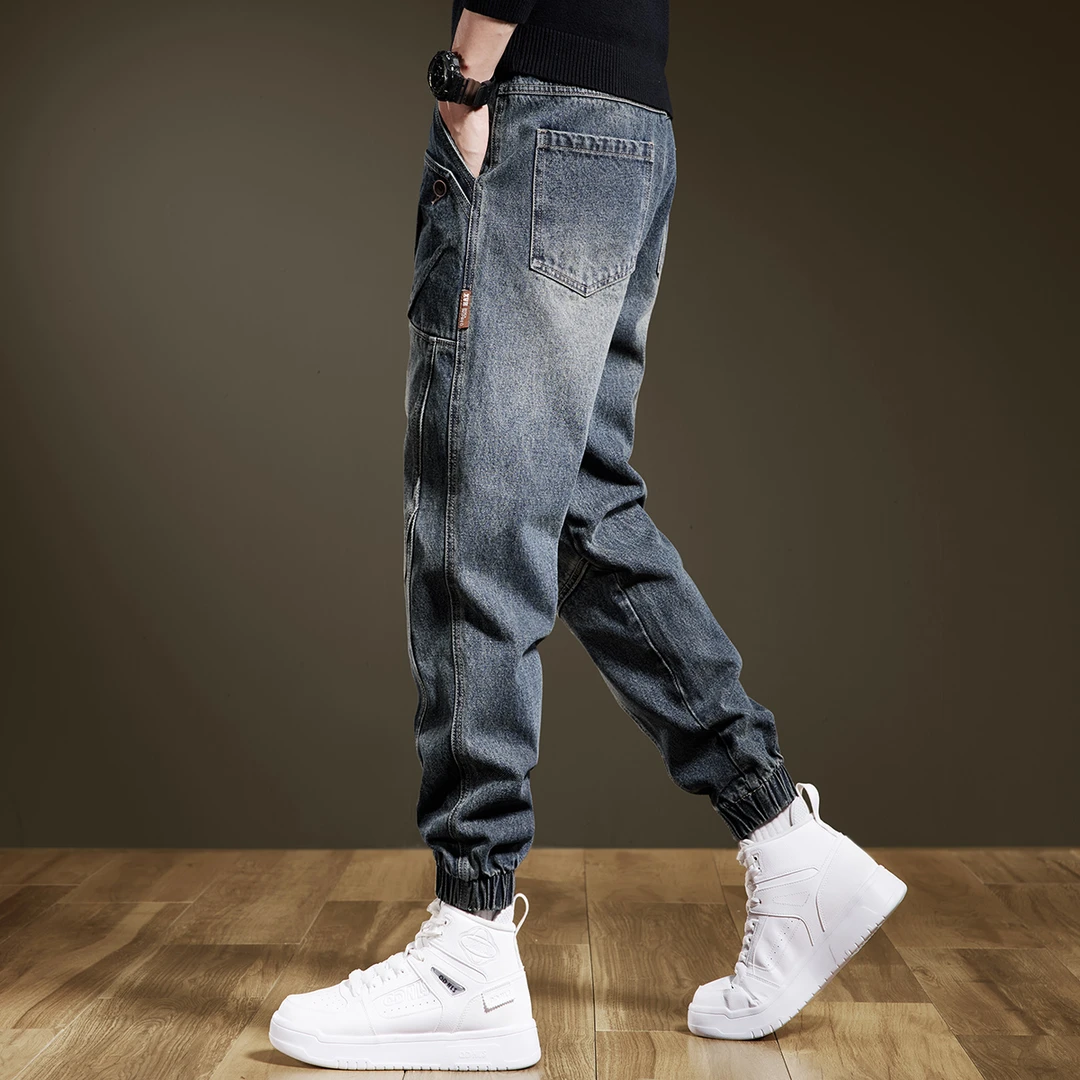 MR.MUDI/穆迪先生美式束脚工装牛仔裤男士秋季加绒宽松大码哈伦裤