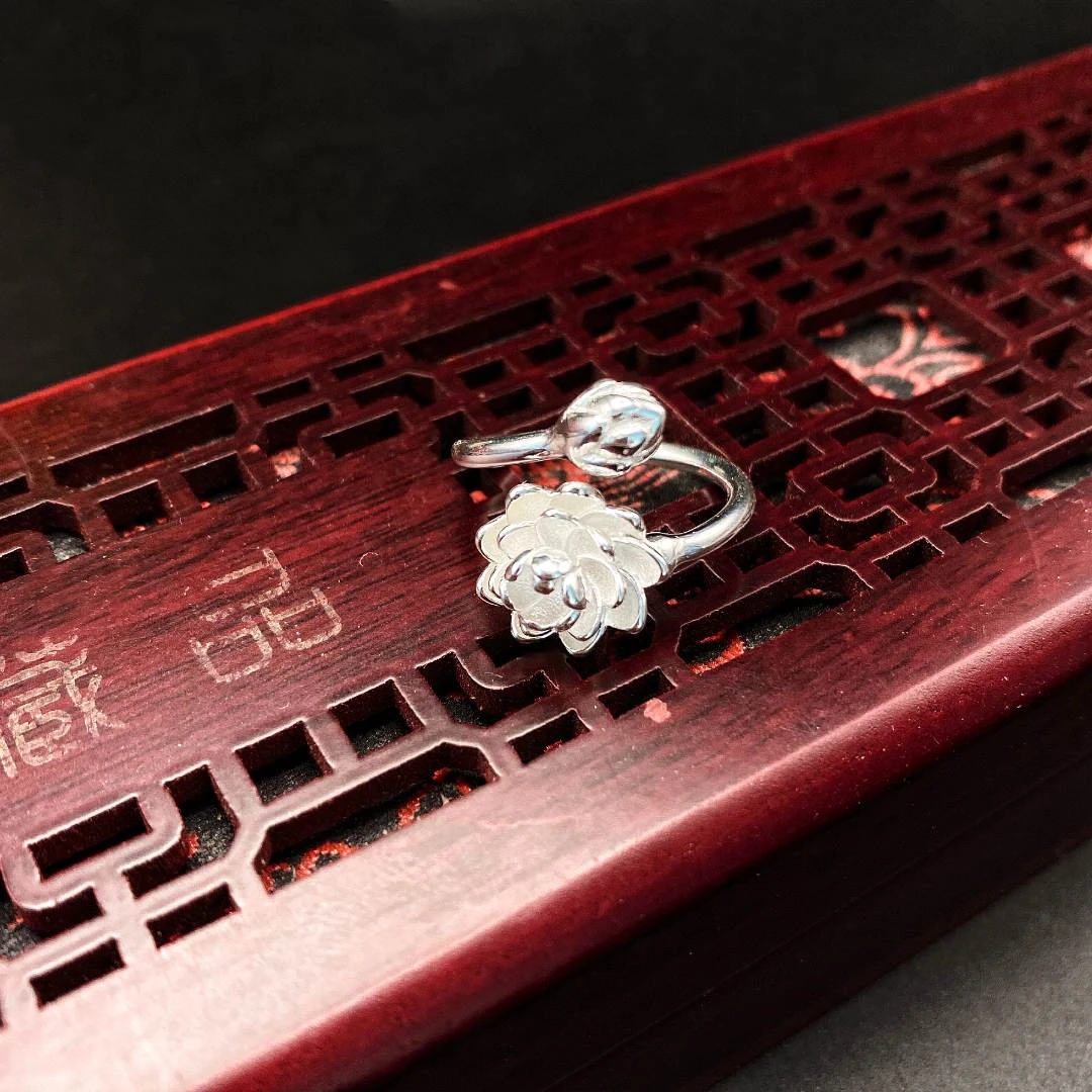 足银戒指 足银莲花转动戒指JZ1004