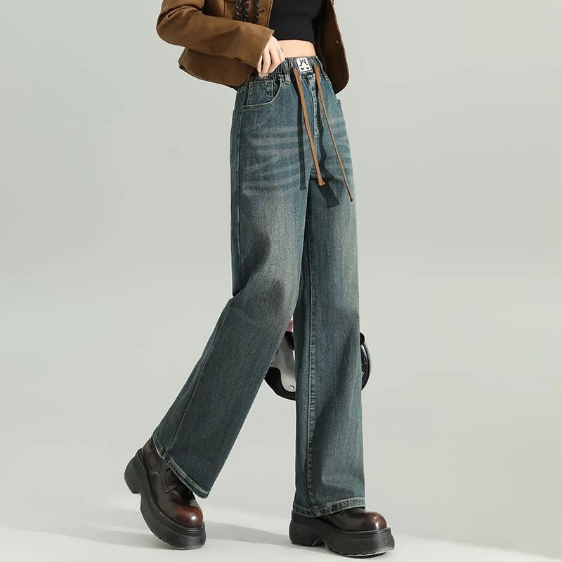 牛仔裤女高腰休闲直筒裤百搭外穿春秋阔腿裤九分宽松弹力时尚女款
