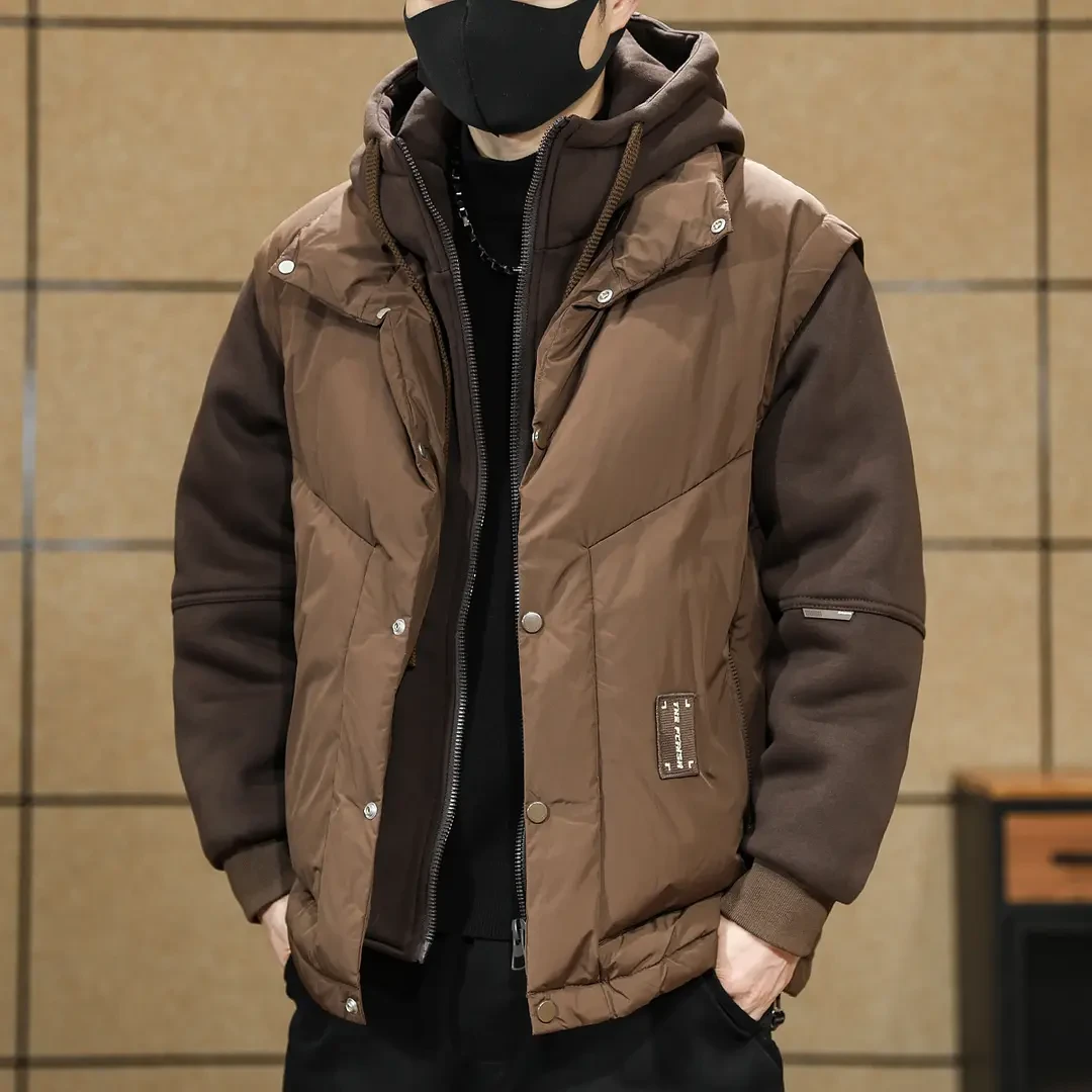 连帽羽绒服男冬季2025新款潮鸭绒男士工装三合一卫衣拼接外套大码