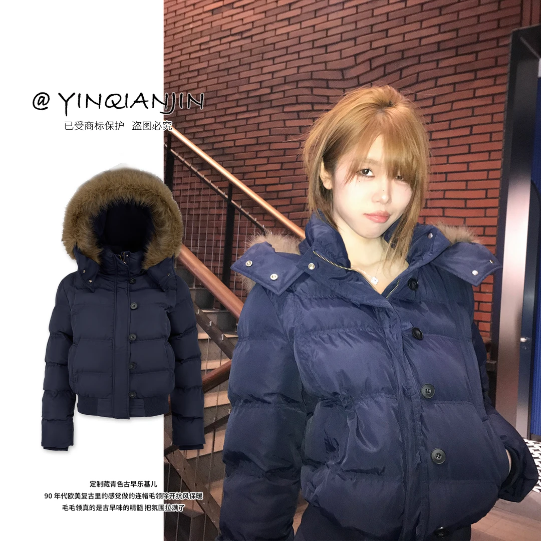 *尹千金*【南区菲欧娜】美式复古藏青色连帽毛领棉服外套M245000