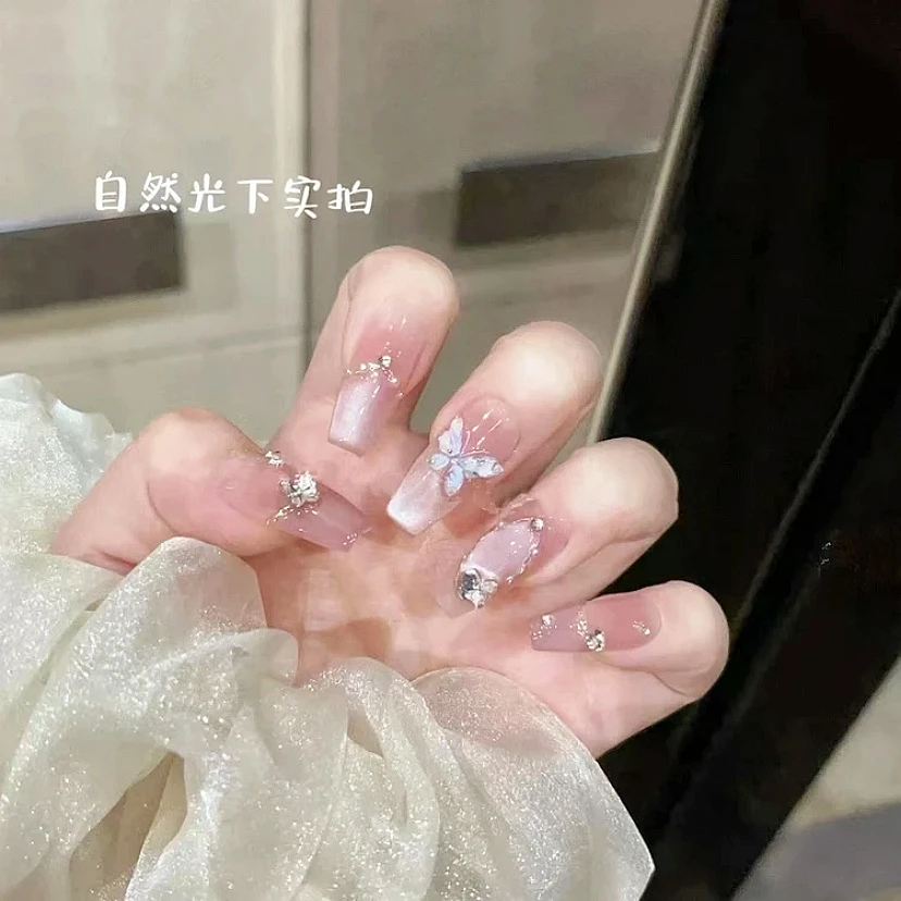 月下银蝶 手工穿戴甲穿戴甲片美甲贴片穿戴甲高级感假指甲短款