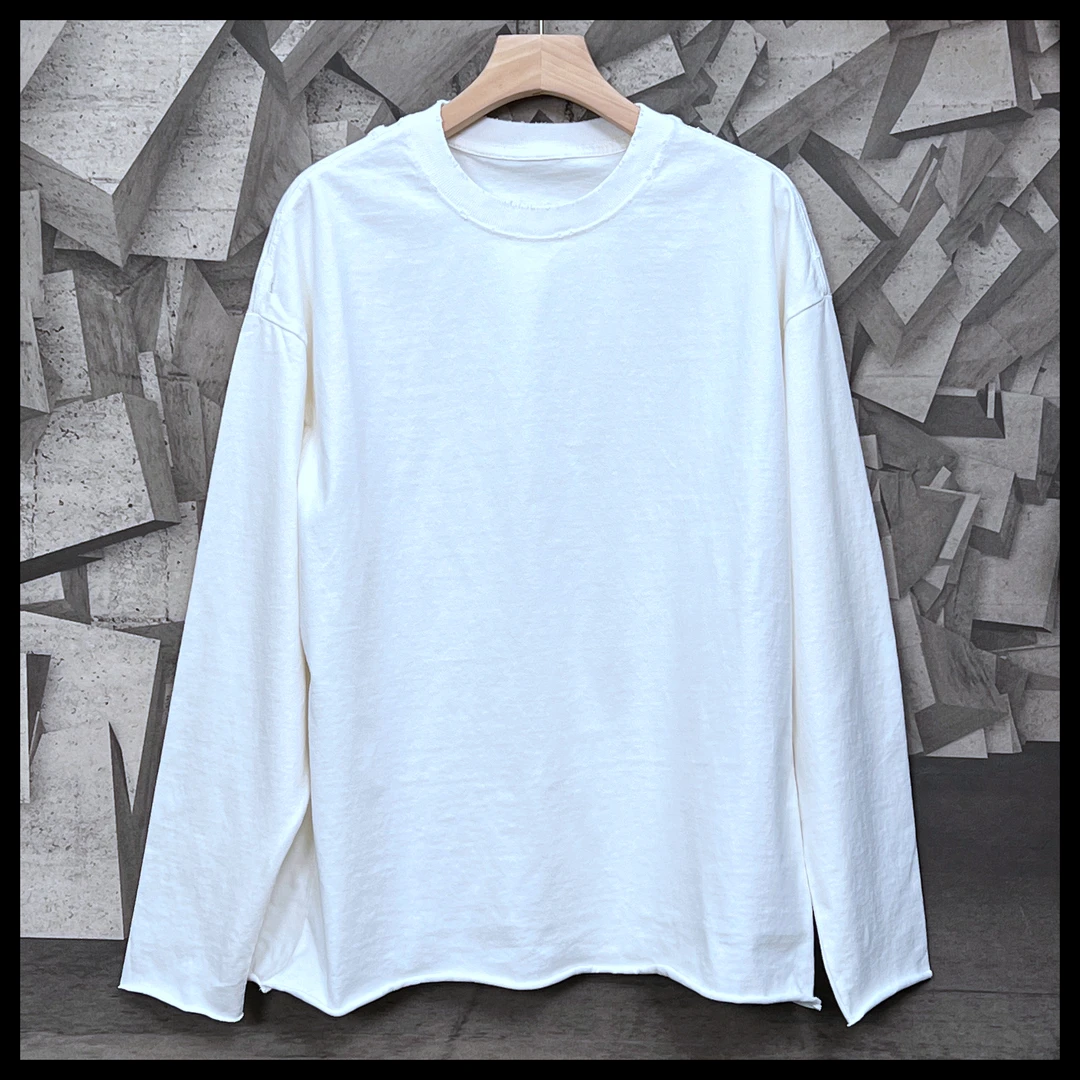 【燚燚对影粉丝福利】勾破设计宽松百搭圆领水洗100棉白色长袖毛圈T