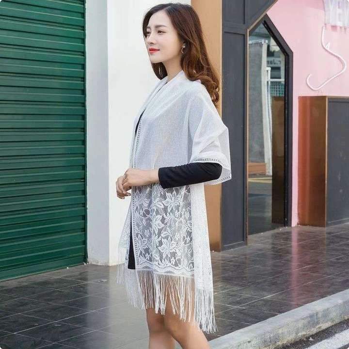 【新款围巾】纯色蕾丝镂空围巾丝巾女长款百搭防晒披肩外搭披肩