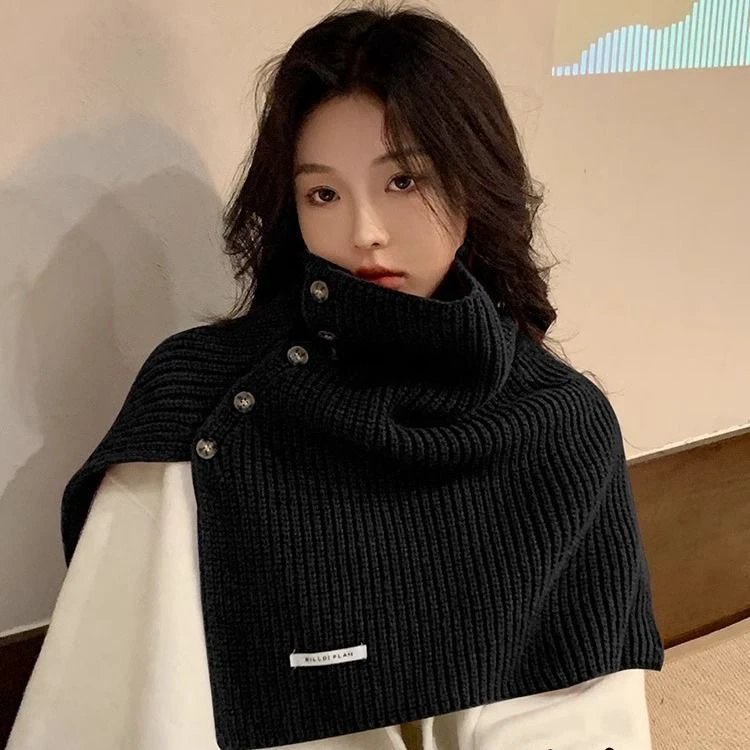 韩版开叉高领毛线披肩女秋冬外搭针织套头脖套百搭保暖围脖围巾