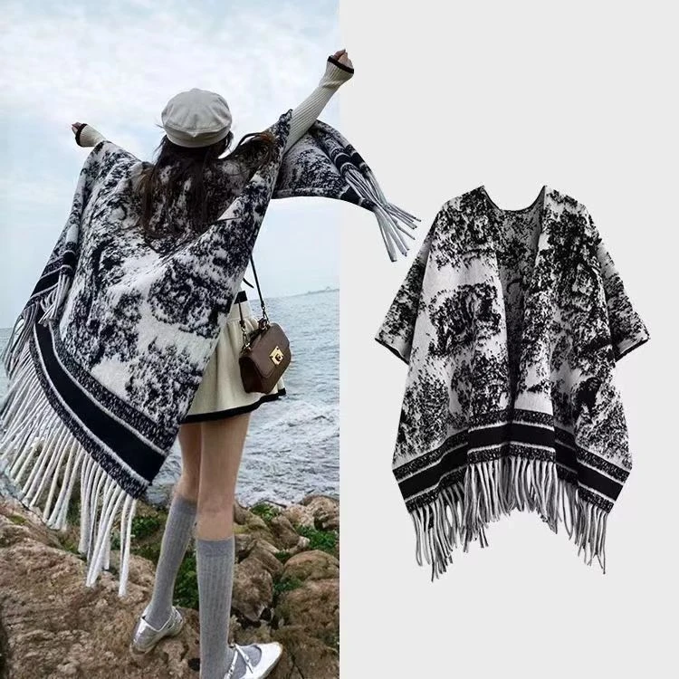水墨画披肩黑白花纹秋冬披肩围巾女韩版百搭高级感保暖斗篷披肩