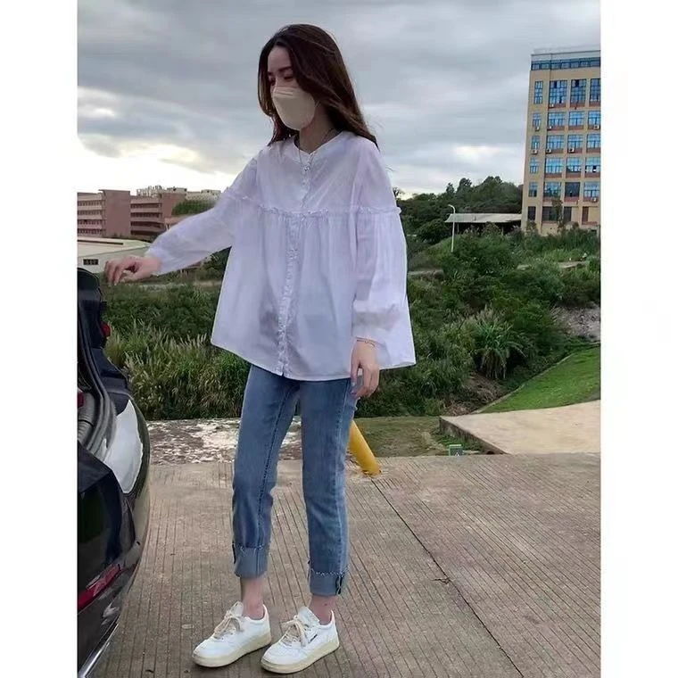 301白色长袖衬衣女2025新款设计感漂亮别致衬衣泡泡袖上衣衬衫女