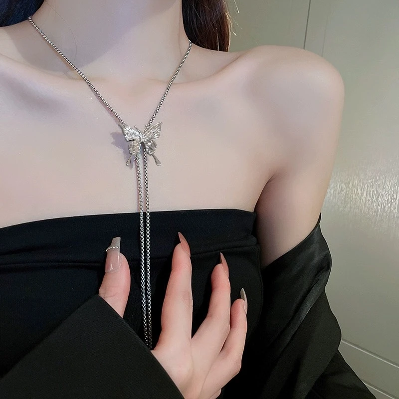 高级感可抽拉银色蝴蝶流苏项链女轻奢小众设计时尚气质百搭锁骨链