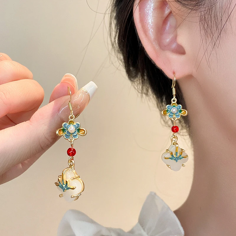 古风汉服百搭滴油花朵珠珠流苏耳环小众个性设计感耳钩高级感耳饰