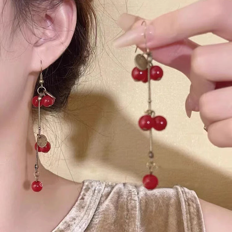 中国风红果子耳环女森系长款耳坠简约ins甜美气质高级感复古耳饰