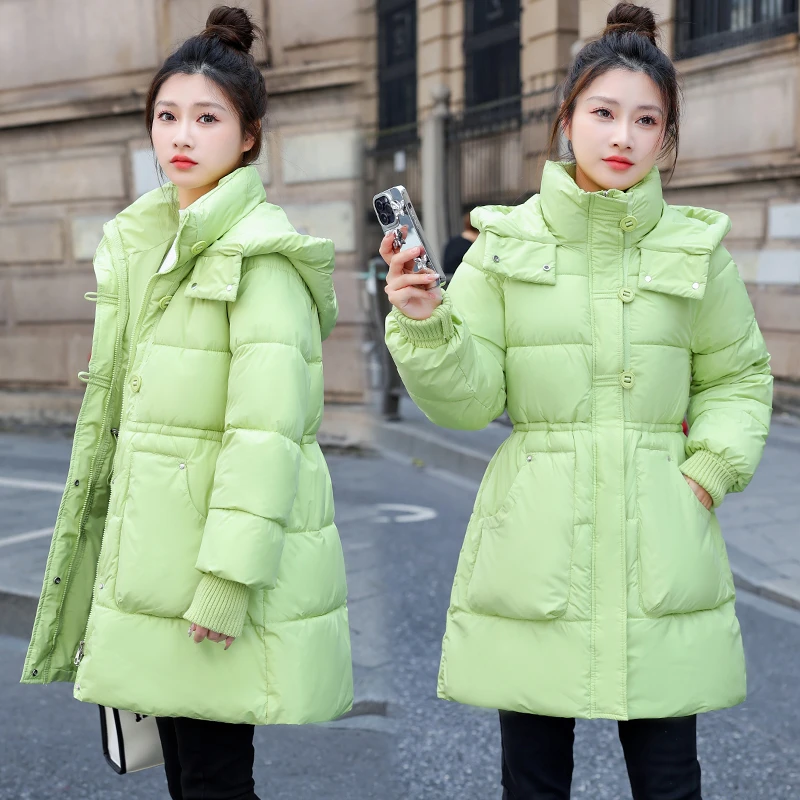 2024新款韩版时尚棉服女冬季保暖收腰中长款棉衣加厚连帽外套棉袄