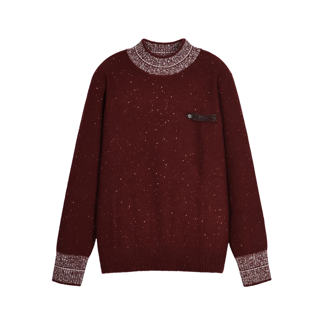 川禾织衣 秋冬珠片半高领100%纯羊毛衫长袖毛衣针织打底显瘦内搭