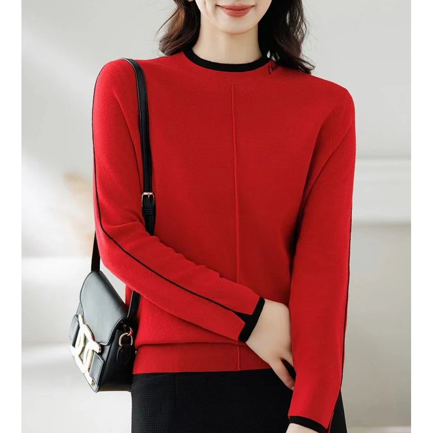 【清】川禾织衣 秋冬加厚保暖咩毛衫洋气撞色圆领针织打底衫毛衣