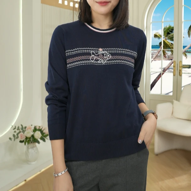 川禾织衣 年年有余 秋冬撞色提花圆领羊毛长袖打底针织毛衣内搭女