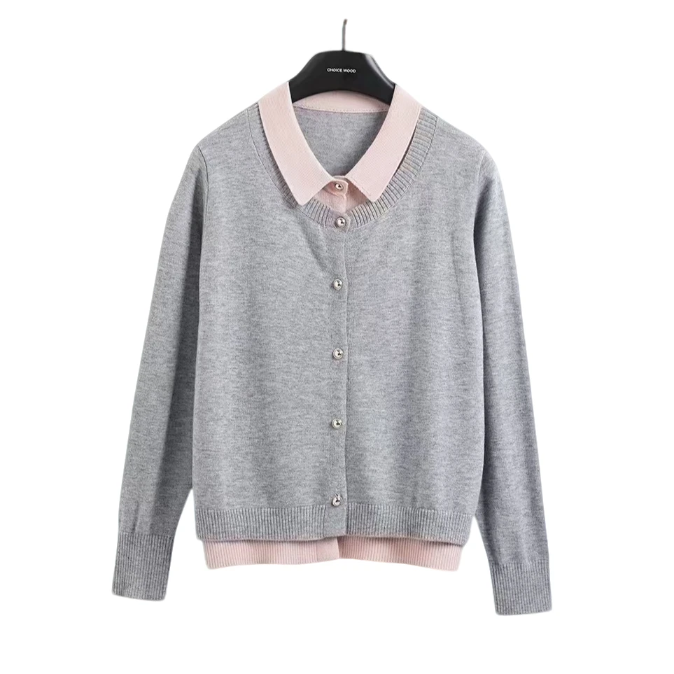 川禾织衣 秋冬洋气撞色翻领羊毛开衫时尚显瘦针织长袖毛衣外套