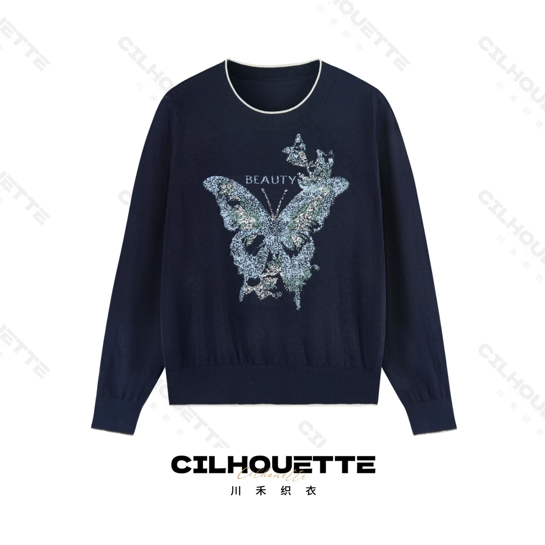 川禾织衣 秋冬轻奢蝴蝶提花圆领羊毛针织打底衫显瘦内搭长袖毛衣