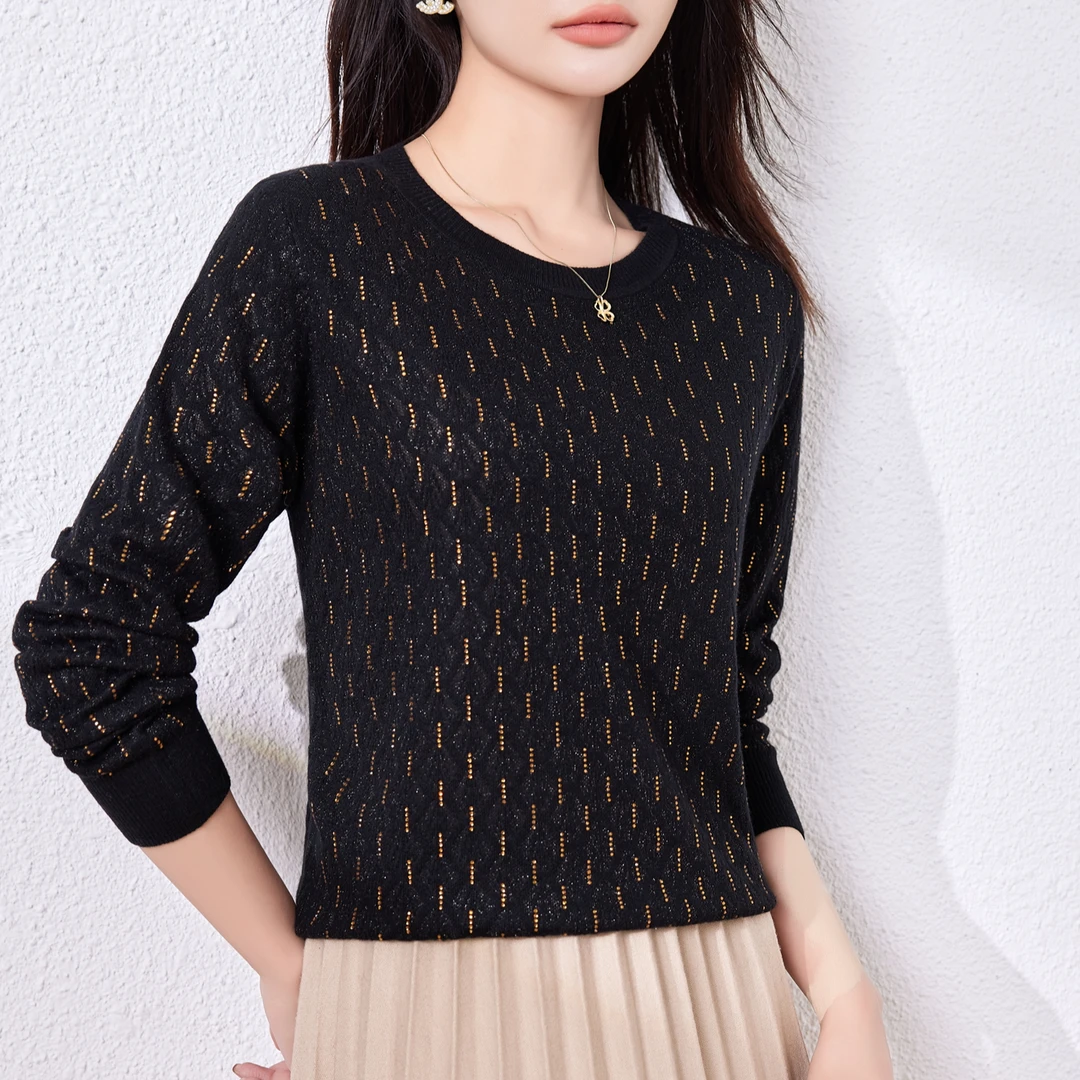 川禾织衣 秋冬金丝提花烫钻桑蚕丝羊毛针织打底衫时尚长袖毛衣女