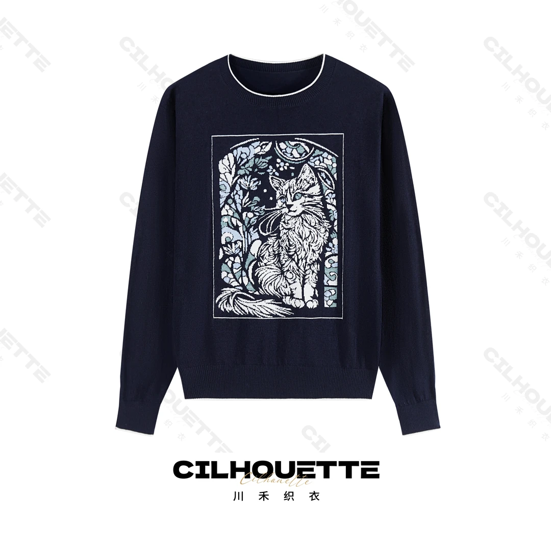 川禾织衣 秋季猫咪提花圆领羊毛针织衫时尚百搭显瘦长袖打底毛衣