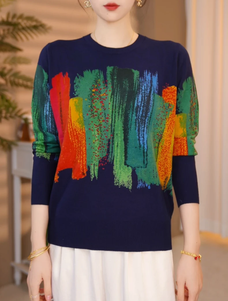 蜡染 秋冬新款高级感气质遮肉显瘦百搭时尚圆领女士宽松印花上衣