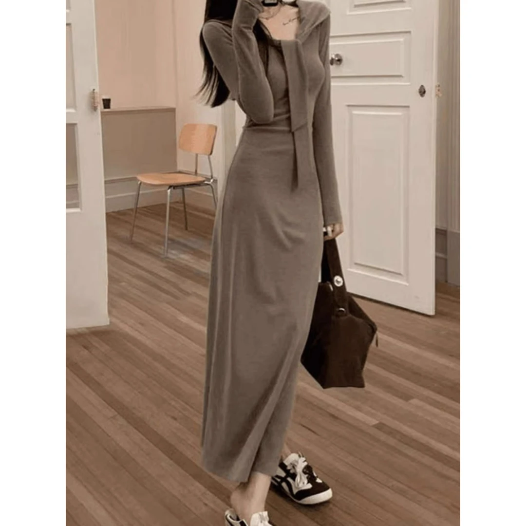 韩系氛围感穿搭假两件针织长袖连衣裙女初秋季设计感修身绝美长裙