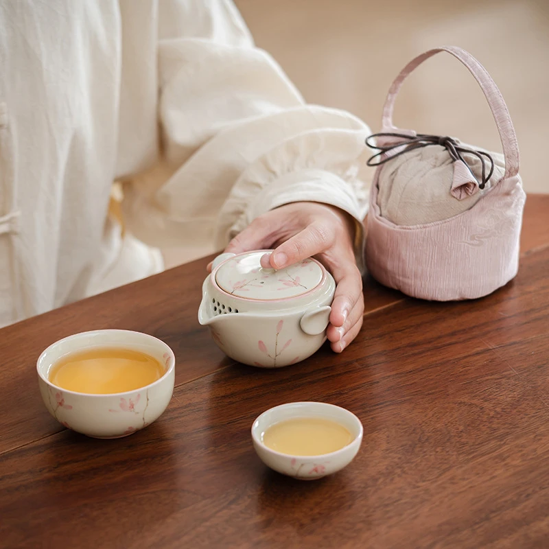 冰台手绘粉玉兰一壶两杯旅行便携茶具陶瓷功夫茶具快客杯套装釉下
