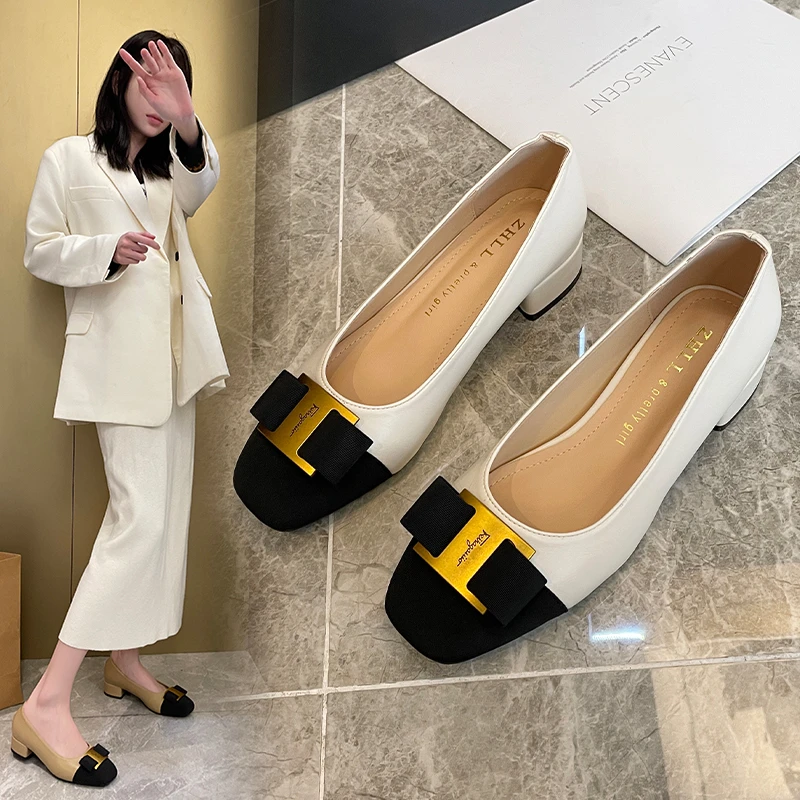 2023春季加肥加宽大码女鞋41-43码圆头浅口高跟鞋粗跟复古单鞋女