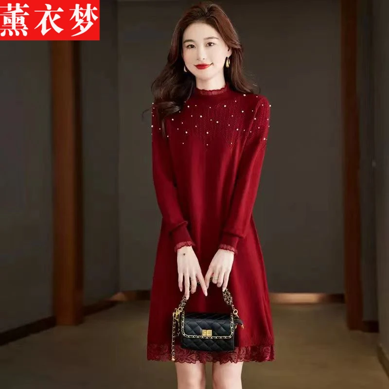 004蕾丝针织连衣裙女秋冬2024年气质新款打底内搭中长款毛衣裙