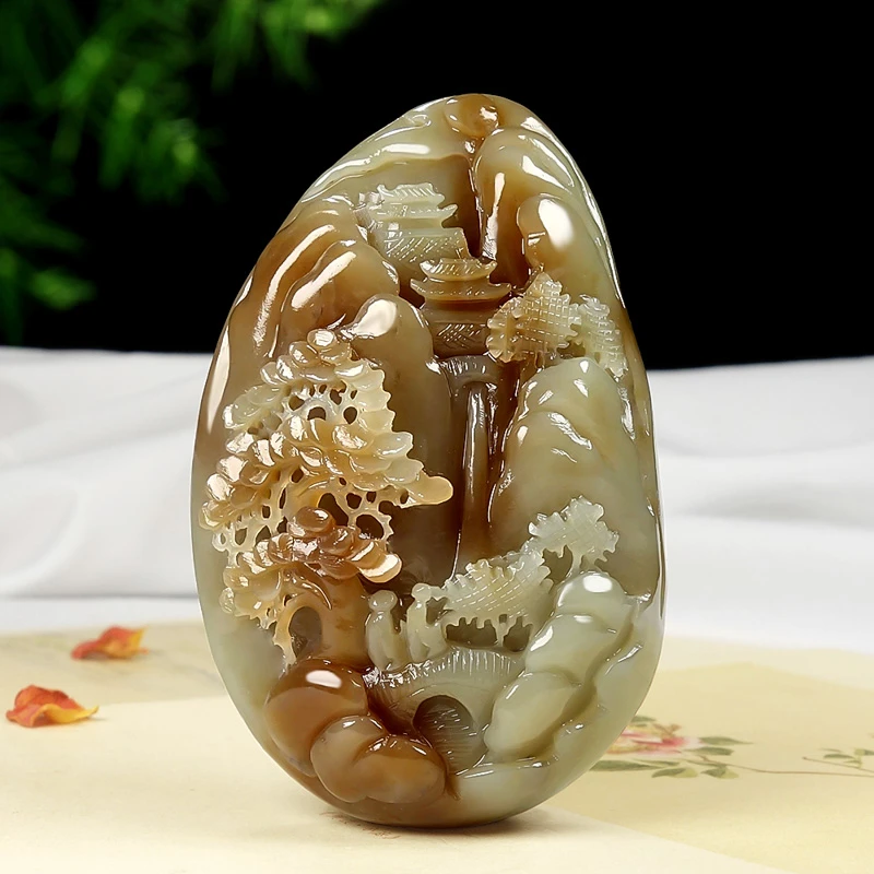 和田玉【怡情山水】糖玉山水牌子把件 大师工作室作品5055