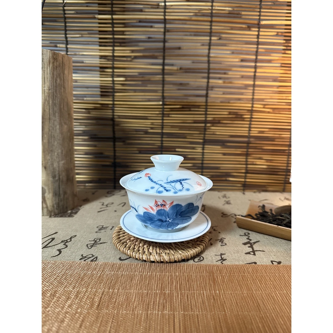 游鱼盖碗白瓷纯手绘