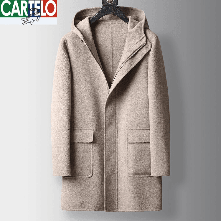cartelo/卡帝乐鳄鱼 羊毛双面呢2023秋冬季新款商务休闲长款戴帽毛呢大衣潮