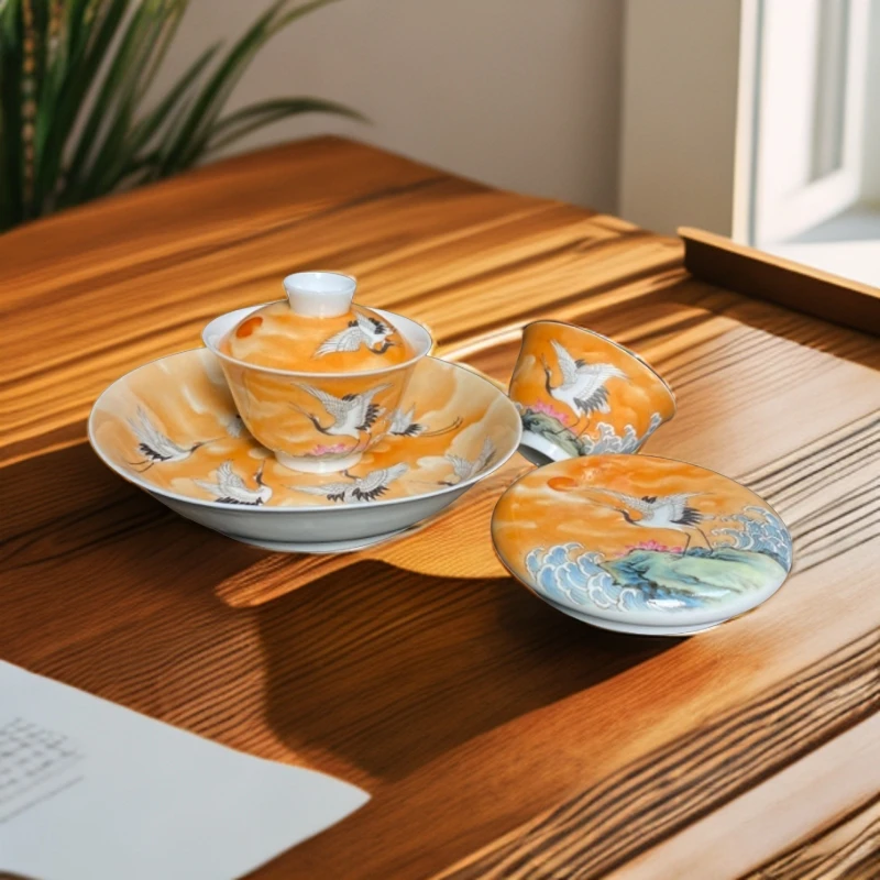 六鹤同春茶具套组景德镇釉上粉彩高端陶瓷茶具盖碗壶承杯子盖置