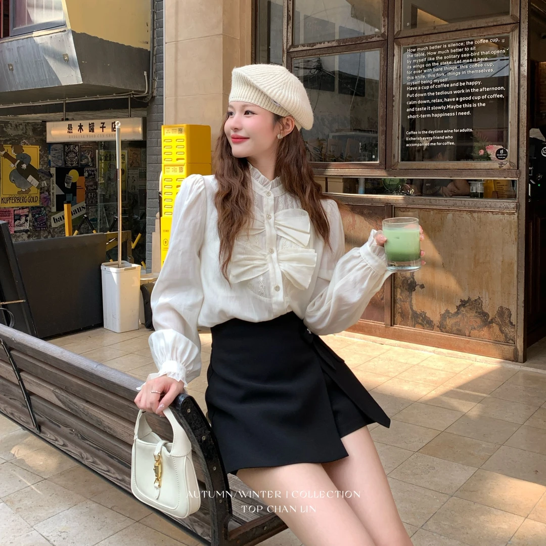 25086-1 秋小香风高级感亮片蕾丝拼接蝴蝶结花瓣长袖衬衫女