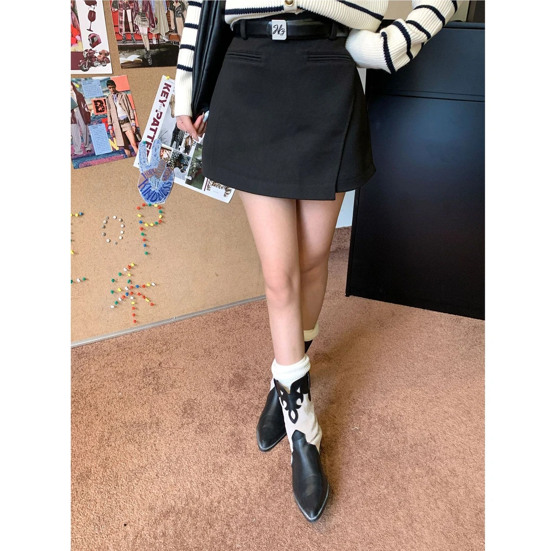 26179 简约纯色腰带A字高腰不规则斜边半身裙裤短裤